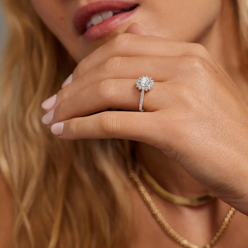 Luxe Sunburst Halo Lab Grown Round Diamond Engagement Ring