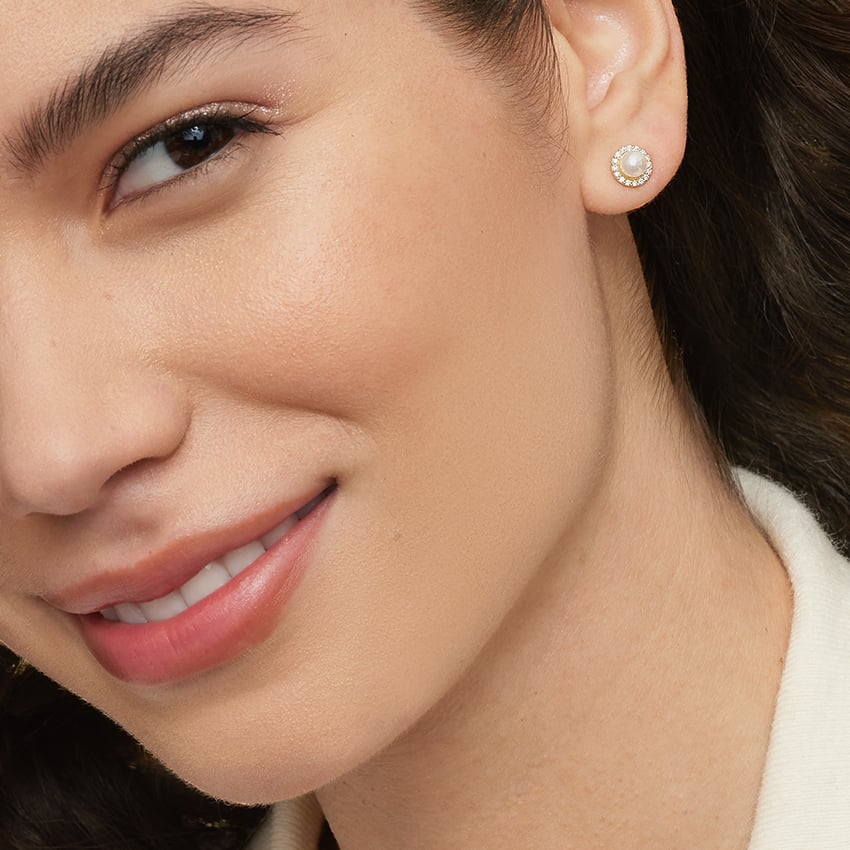 Freshwater Cultured Pearl Halo Diamond Earrings (1/2ct. tw.) in 18K Gold