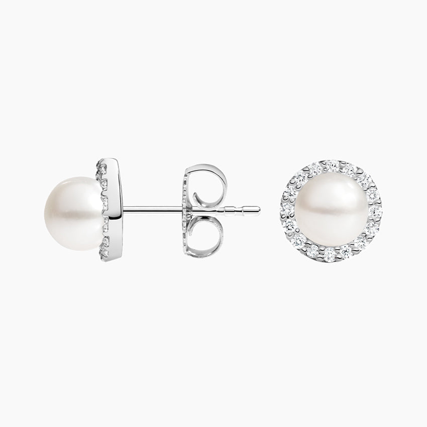 Freshwater Cultured Pearl Halo Diamond Earrings (1/2ct. tw.) in 18K Gold