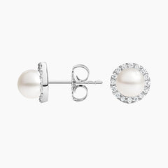 Freshwater Cultured Pearl Halo Diamond Earrings (1/2ct. tw.) in 18K Gold