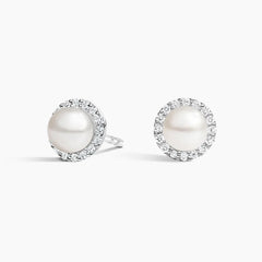 Freshwater Cultured Pearl Halo Diamond Earrings (1/2ct. tw.) in 18K Gold