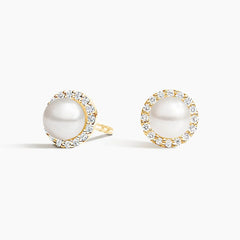 Freshwater Cultured Pearl Halo Diamond Earrings (1/2ct. tw.) in 18K Gold