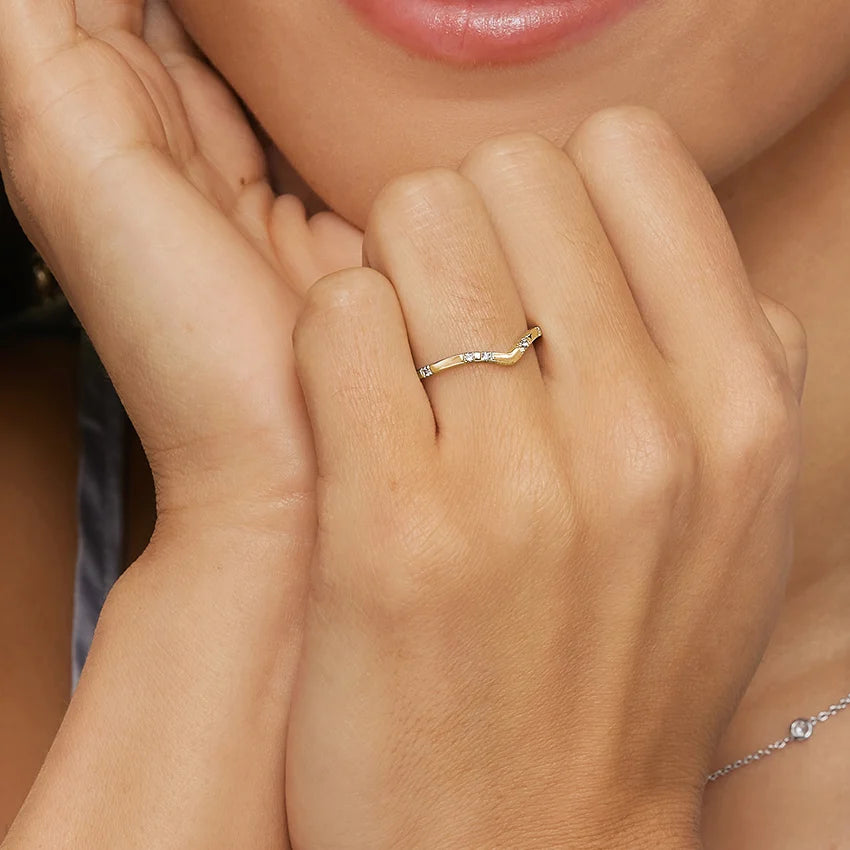 Lifestyle image of Rayonu Lab Diamond Contour Ring paired with engagement ring