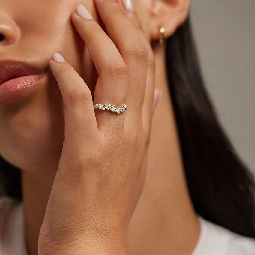 Lifestyle image of Rayonu Lab Diamond Ring stacked with engagement ring