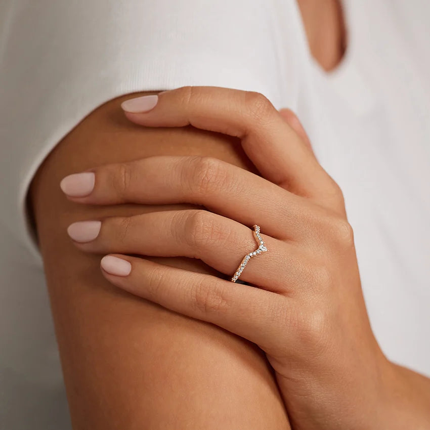 Rayonu Luxe Lunette Lab Diamond Ring paired with engagement ring