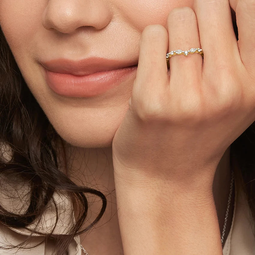 Lifestyle image of Rayonu Lab Diamond Ring paired with engagement ring