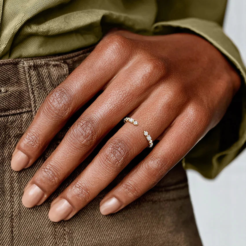 Lifestyle image of Rayonu Lab Diamond Ring paired with engagement ring
