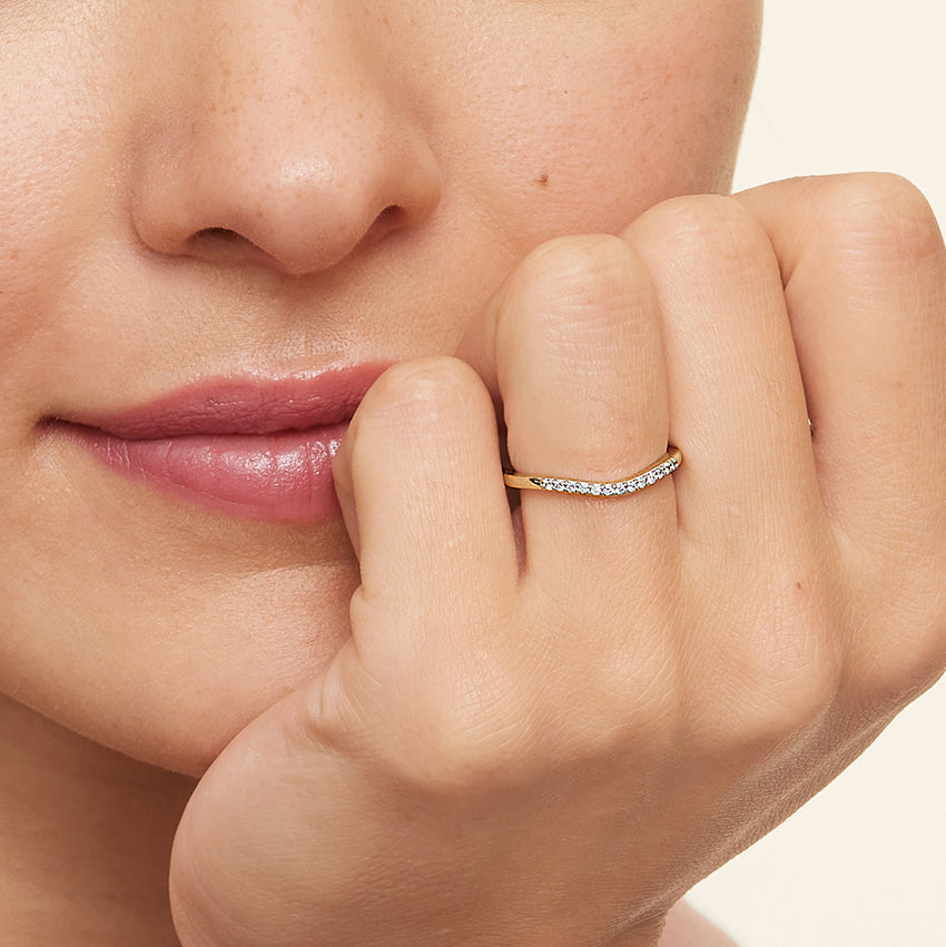 Lifestyle image of Rayonu Lab Diamond Ring paired with engagement ring
